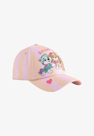 Pink and beige striped children's cap with cartoon dogs, the word "friends," and a small pink heart on the brim.