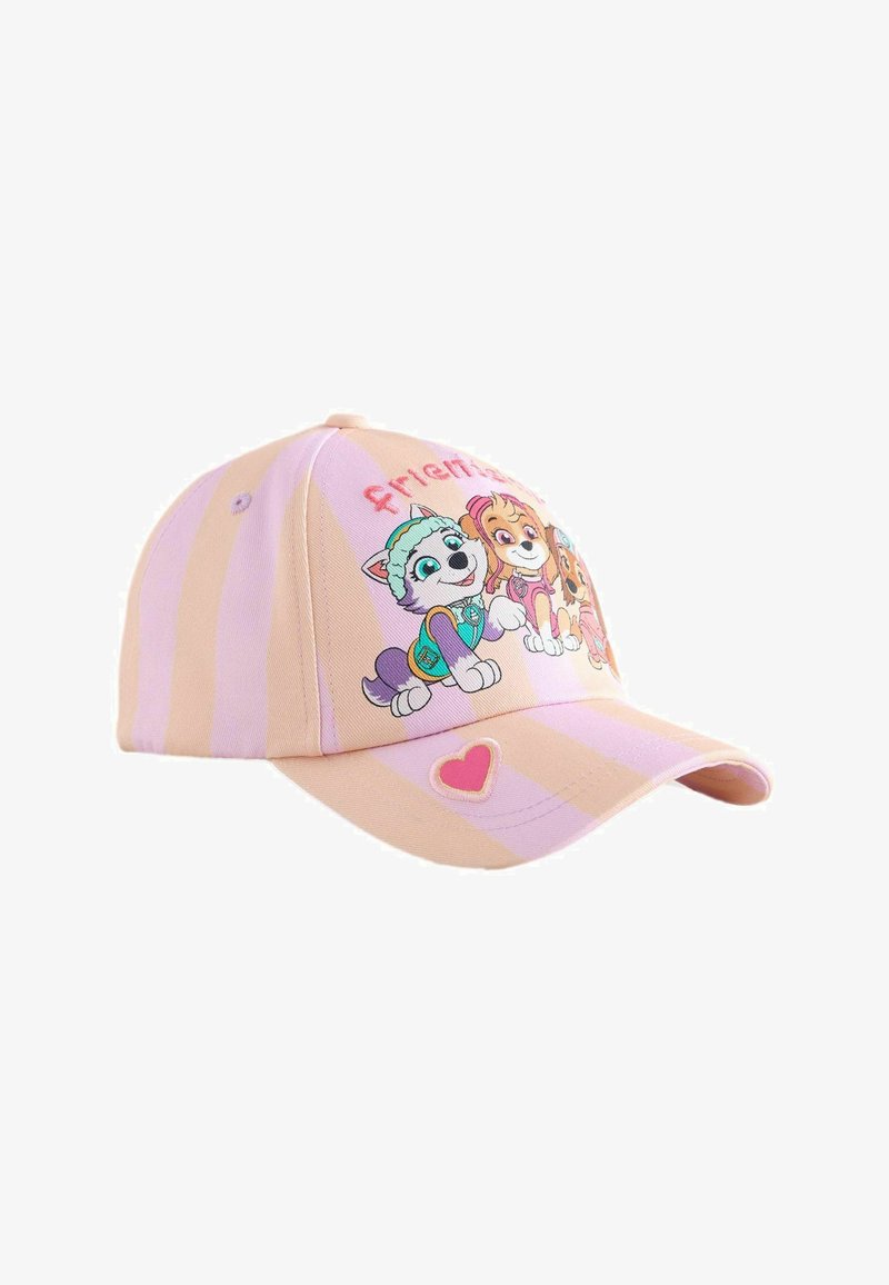 Casquette pour enfants rayée rose et beige avec des chiens dessinés, le mot « amis » et un petit cœur rose sur la visière.