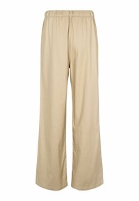 Pantalon beige à jambes larges avec taille élastique, fabriqué en tissu léger, présenté sur fond blanc.