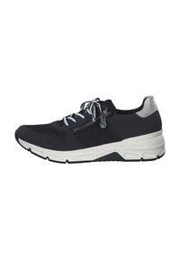 Black athletic shoe with mesh and smooth materials. Features a silver heel accent, white laces, and a zipper detail on the side.