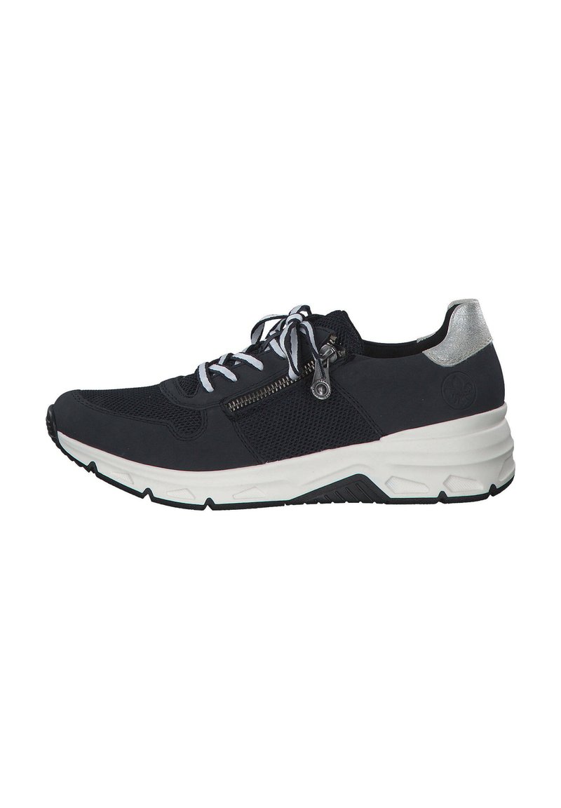 Black athletic shoe with mesh and smooth materials. Features a silver heel accent, white laces, and a zipper detail on the side.