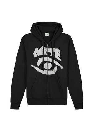 Felpa nera con zip frontale, tasche anteriori, cappuccio con coulisse e grafica astratta bianca di un occhio con la parola "arte" sul petto.