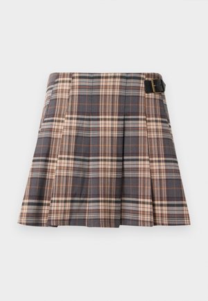 Falda de cuadros en colores gris, beige y óxido; cuenta con pliegues, un detalle de hebilla y un diseño estructurado. Confeccionada con una tela tejida.