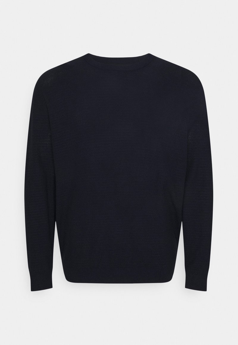 Granatowy, ciemny sweter z długim rękawem i okrągłym dekoltem, o drobnym splocie i dopasowanych mankietach oraz dole.