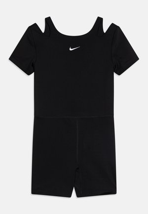 Bodysuit negro de manga corta con diseño de hombro descubierto, fabricado en tejido elástico, con un pequeño logo blanco de Nike en el pecho.