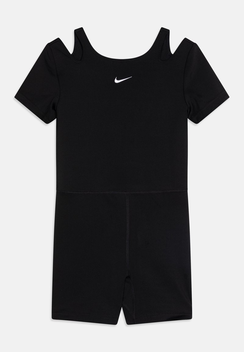 Črn telesni bodi s kratkimi rokavi in izrezom na ramenih, izdelan iz raztegljivega materiala, z majhnim belim logotipom Nike na prsih.