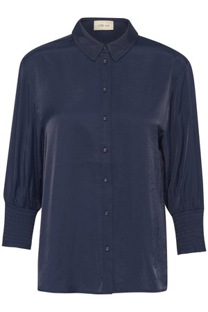 Chemise bleu marine à manches rayées, avec un col, des boutons fins et des manches bouffantes au niveau des trois quarts, dotée de poignets smockés, fabriquée dans un tissu lisse.