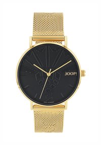 Goldfarbene Mesh-Armbanduhr mit schwarzem, strukturiertem Zifferblatt, ausgestattet mit minimalistischen Stundenmarkierungen, goldenen Zeigern und dem Markenschriftzug „JOOP!“ in goldener Schrift.
