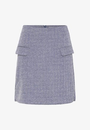 Jūras karafēna herringbone svārki ar divām priekšējām kabatām, pieguļošu dizainu un slēptu rāvējslēdzēju aizmugurē. Tekstūrēta auduma struktūra.