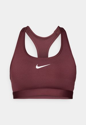 Bordo sportski grudnjak s dizajnom racerback. Izrađen od rastezljivog materijala. Ima bijeli Nike logo sprijeda i široku elastičnu traku.