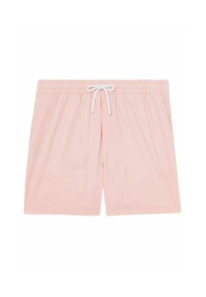 Lichtroze zwemshorts met een elastische tailleband, witte trekkoorden, zijzakken en een gladde stoftextuur.