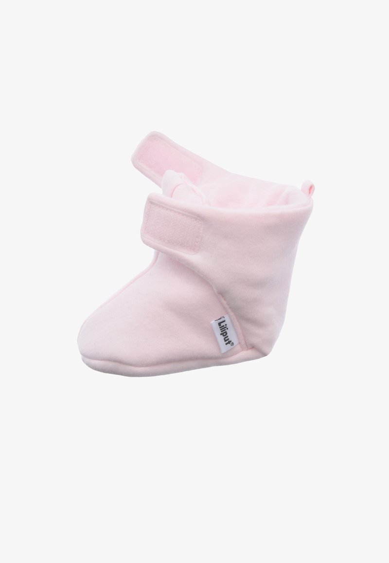 Pink fabric bootie with a soft texture, featuring a Velcro closure and a lip at the ankle for easy wearing. Includes a small brand label.