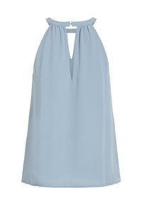 Svetle modrý top bez rukávů z hladké tkaniny, s detaily ve tvaru klíčové dírky na výstřihu a zaobleným spodním lemem.