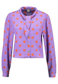 Blusa viola con maniche lunghe, pois arancioni, apertura con bottoni, colletto con dettagli a cravatta, realizzata in tessuto liscio.