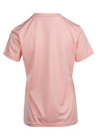 Kortærmet sportsbluse i lyserød, lavet af glat materiale. Har en rund halsudskæring og flade sømme for komfort.