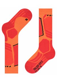 Oranje sokken met een geometrisch patroon in donkeroranje en zwarte accenten. Gemaakt van een zacht materiaal, met een versterkte teen en hak.