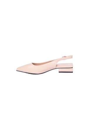 Scarpa slingback beige con punta appuntita, tacco basso a blocco e suola nera, mostrata di profilo su sfondo bianco.