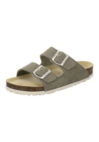 Suede slide sandals in olive green with two adjustable straps and silver buckles. Features a cork footbed and white rubber sole.