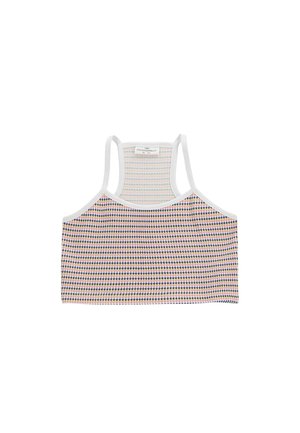 Dziecięcy krótki top bez rękawów z wielokolorowym wzorem w kropki i białą lamówką, z designem racerback.
