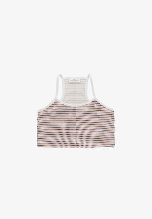 Dziecięcy krótki top bez rękawów z wielokolorowym wzorem w kropki i białą lamówką, z designem racerback.