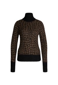 Braun und schwarz gemusterter Rollkragenpullover mit weicher Textur. Verfügt über ein tailliertes Design und lange Ärmel mit gerippten Bündchen und Saum.