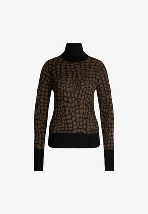 Maglione a collo alto con una fantasia marrone e nera, dal tocco morbido. Presenta un design aderente e maniche lunghe con polsini e orlo a coste.