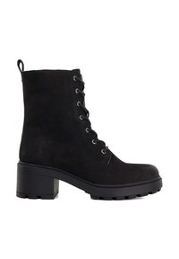 Black suede ankle boots with a chunky, textured heel, lace-up front, and looped pull tab at the back. Flat, rugged sole for traction.