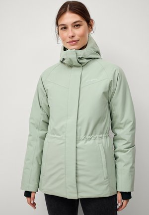 Light green waterproof jacket with a high collar, drawstring waist, and front pockets. Made of smooth, durable fabric.