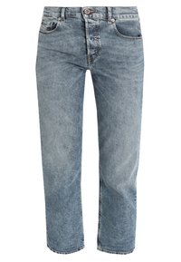 Světle modré džíny s rovnými nohavicemi, s knoflíkovým zapínáním, předními a zadními kapsami a jemnými vybledlými detaily po celém povrchu.