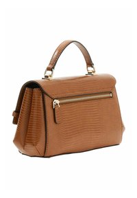 Sac à main en cuir marron texturé avec un design structuré, doté d'une poignée supérieure et d'une poche zippée couleur or à l'avant.