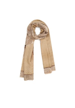 Sciarpa beige con motivo a spirale marrone e motivi lineari, con estremità frangiate per aggiungere texture e dettaglio.