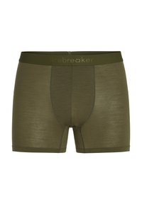 Olivgröna boxerkalsonger med en mjuk textur, med en midjeband som har en logotyp präglad och kontrasterande sömmar längs benöppningarna.