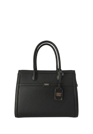 Sac à main en cuir noir avec double poignée et une étiquette de marque suspendue à une poignée, indiquant le nom de la marque Gianmarco Venturi.