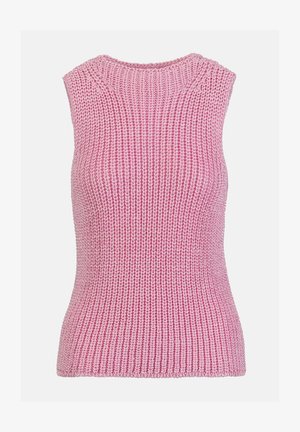 Mouwloos roze gebreid topje met een gestructureerd geribd patroon en een licht afgeronde halslijn, getoond op een effen achtergrond.