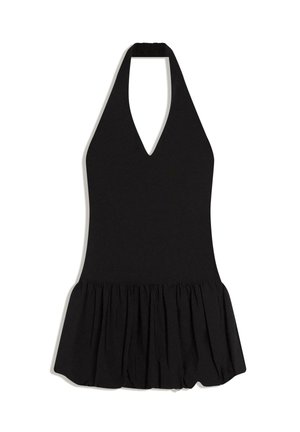 Black halter-neck dress with deep V neckline and gathered, flared skirt at the hem.
