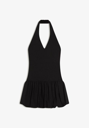 Black halter-neck dress with deep V neckline and gathered, flared skirt at the hem.