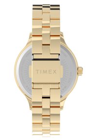 Reloj de acero inoxidable con tono dorado, con pulsera tipo eslabón, caja redonda y una esfera gris simple que presenta marcadores de horas, corona en el lado y logotipo grabado.