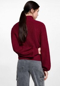 Burgundská pletená sveter s vysokým golierom, rebrovanou textúrou a voľnými rukávmi. Nosený cez sivé cargo nohavice, čo ukazuje uvoľnený strih.