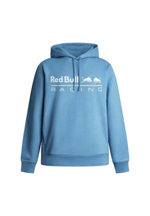 Blauwe sweatshirt met een voorzak in kangoeroestijl, capuchon en trekkoord. Bevat het logo "Red Bull Racing" in het wit over de borst.