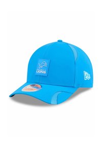 Blue cap made from fabric with mesh side panels. Features a square Detroit Lions logo patch on the front and a branded side accent.
