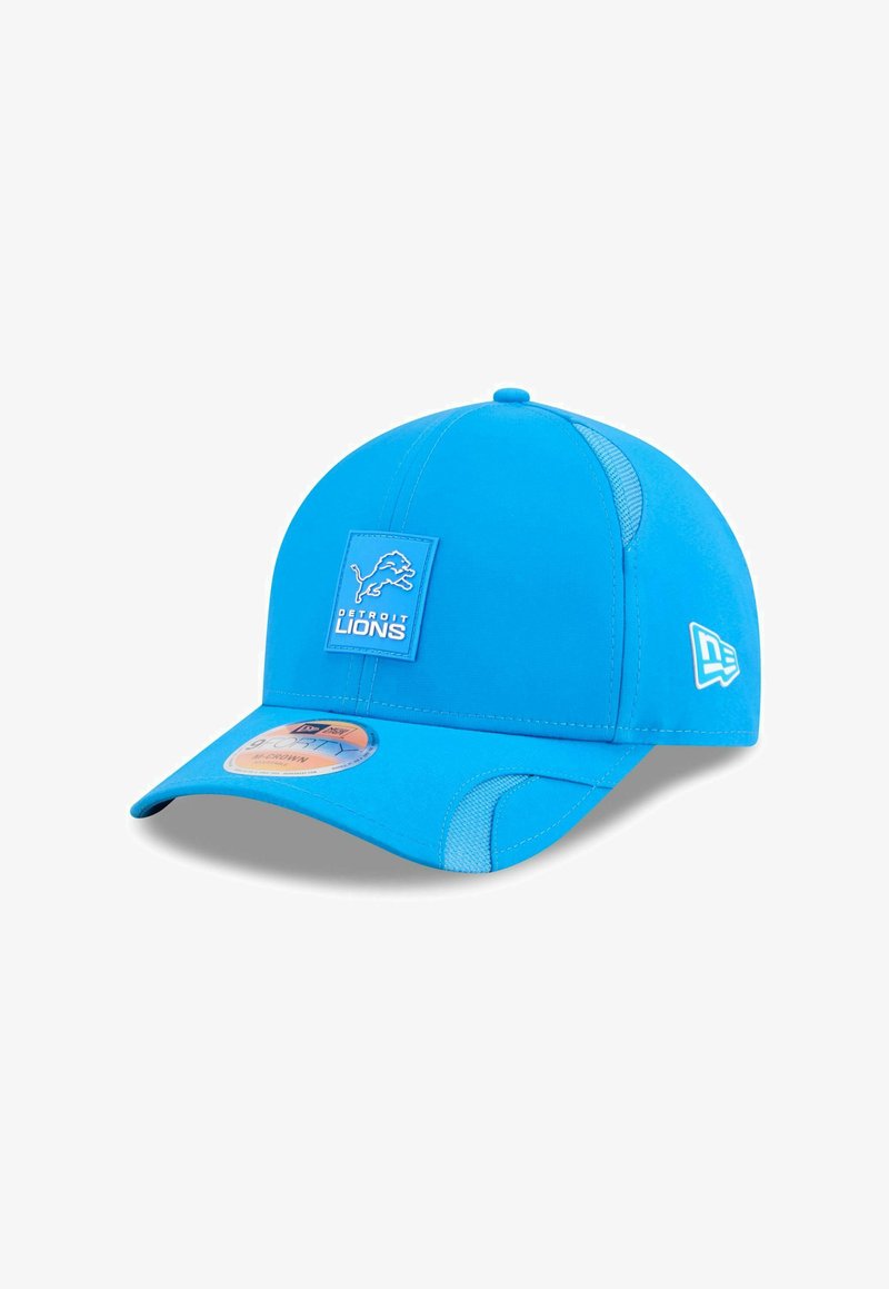 Blue cap made from fabric with mesh side panels. Features a square Detroit Lions logo patch on the front and a branded side accent.