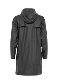 Impermeabile lungo nero con cappuccio, realizzato in materiale waterproof liscio, mostrato da dietro su uno sfondo bianco.