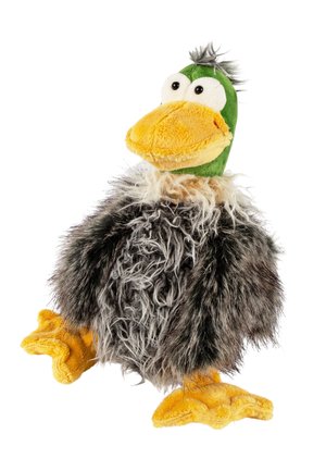 Plush duck toy with a green head, yellow beak, and orange feet. Fur texture is gray and shaggy, with a tuft of hair on top.