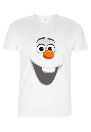 Weißes Baumwoll-T-Shirt mit einem grafischen Design eines Cartoon-Charakters, der große Augen, eine orangefarbene Nase und einen breiten lächelnden Mund hat.