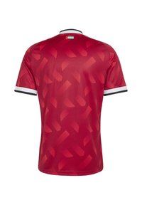 Maillot de sport rouge avec un motif géométrique abstrait, des bordures de manches blanches et noires, et un petit drapeau vert, blanc et rouge près du col au dos.