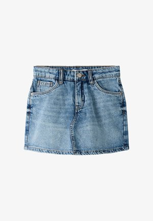 Blå denim miniskjørt med frontknapper og glidelås, beltehemper, frontlommer og falmede vaskedetaljer.