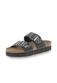 Black and gray patterned slide sandals with two adjustable straps, silver buckles, cork midsole, and rubber outsole. Brand label visible.