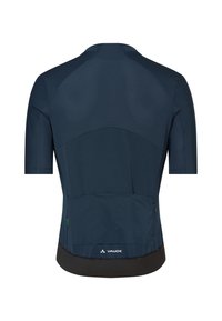Maillot de cyclisme bleu marine à manches courtes avec dos supérieur texturé, trois poches arrière inférieures et logo Vaude près de l'ourlet inférieur.