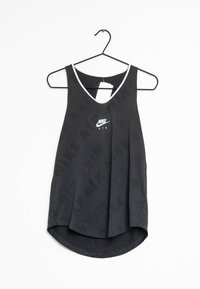 Zwarte mouwloze Nike Air sporttanktop hangt aan een zwarte hanger tegen een witte achtergrond.