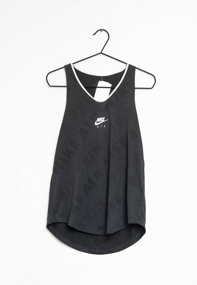 Zwarte mouwloze Nike Air sporttanktop hangt aan een zwarte hanger tegen een witte achtergrond.